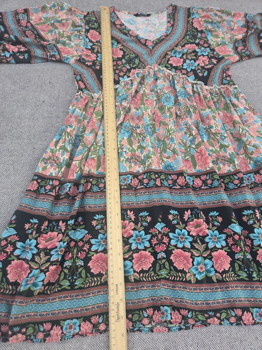 BTFBM Floral Boho Babydoll Mini Dress Pink Blue Long Sleeve V-Neck Size M - Picture 12 of 14